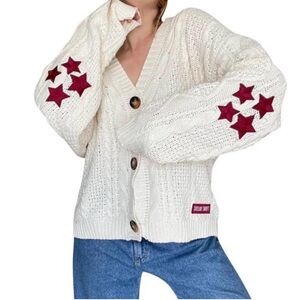 Taylor Swift Red Star Patchwork Cable Knit Cardigan Sweater Ivory
